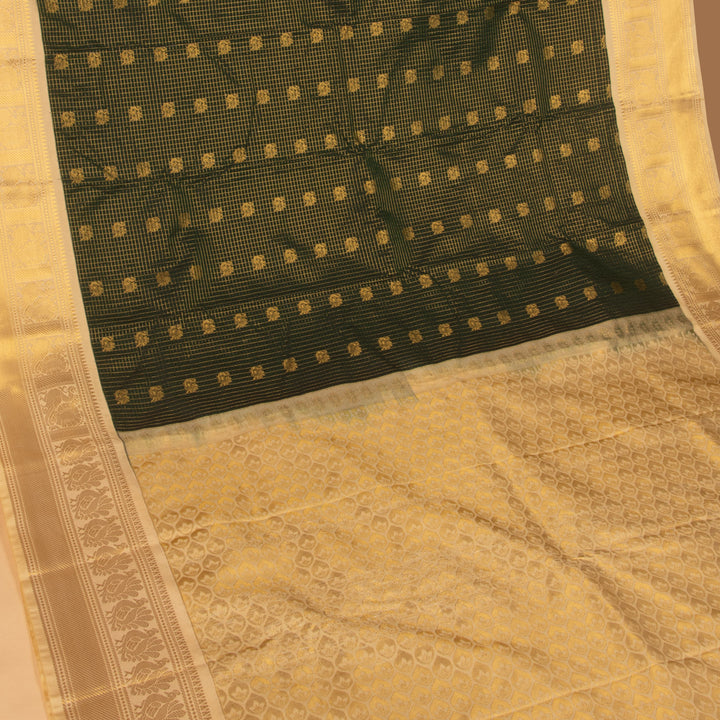 Bottle green and off white semi silk saree