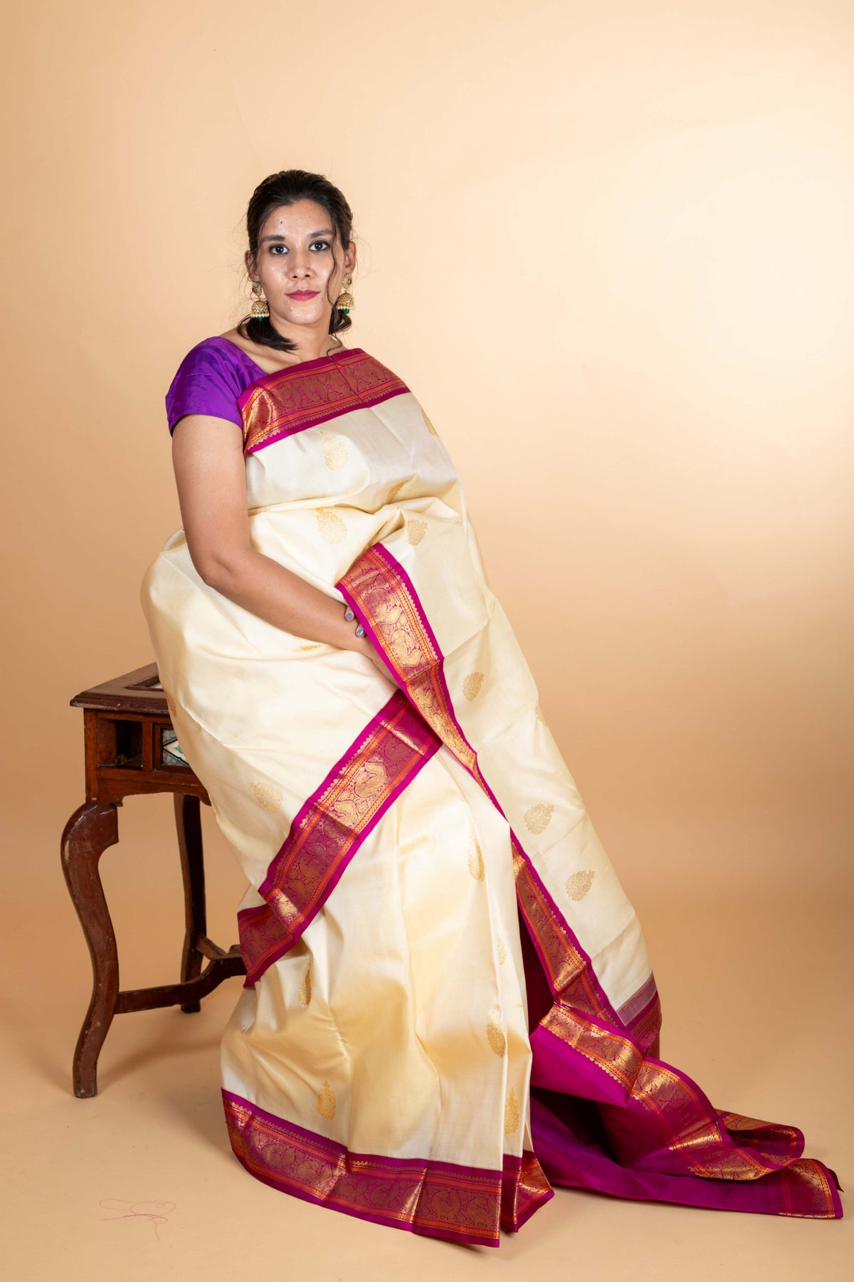 Offwhite and purple pure kanjivaram silk saree