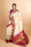 Offwhite and purple pure kanjivaram silk saree