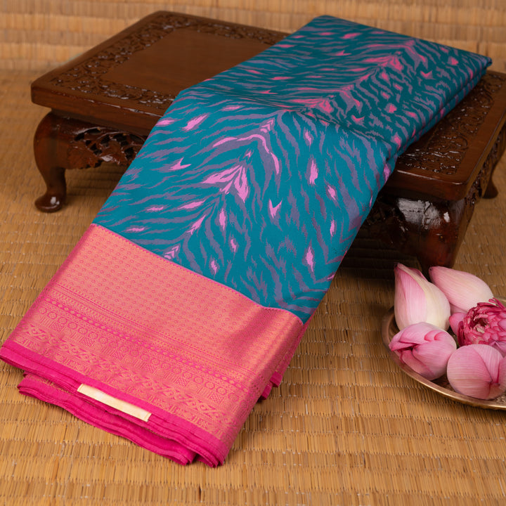 Peacock blue and Bubblegum pink semi silk saree