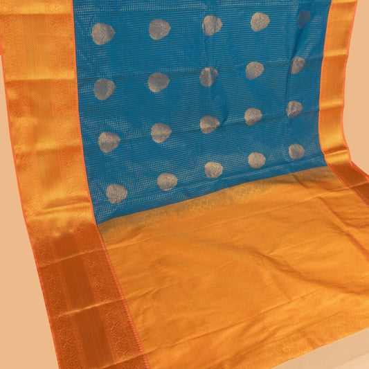 Peacock blue and Coral  orange semi silk saree