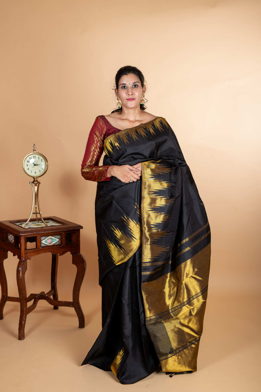 Black temple border kanjipuram silk saree