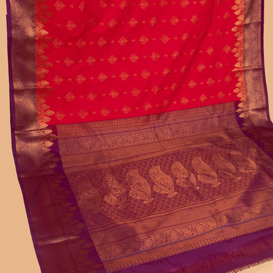 Fire engine red and Purple semi silk saree