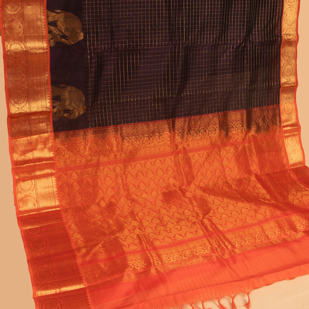 Hickory brown and Coral orange silk cotton saree