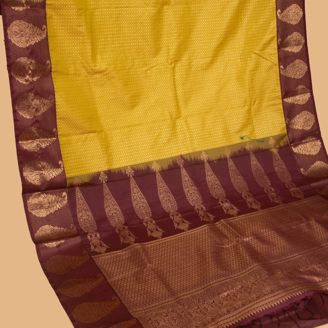 Saffron yellow and Maroon soft silk saree