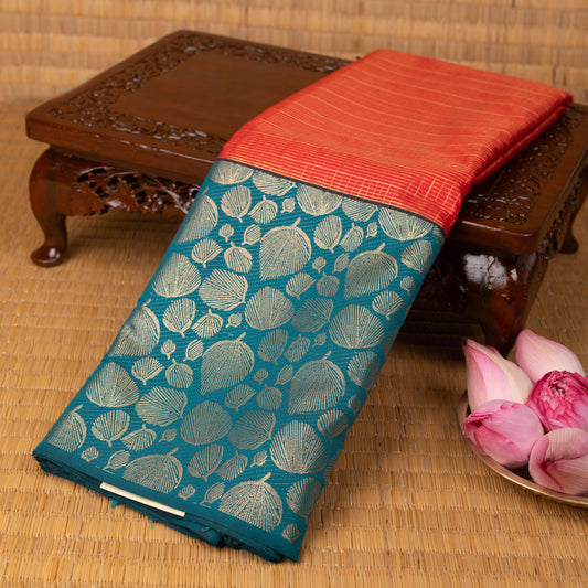 Red Orange and Teal green semi silk saree