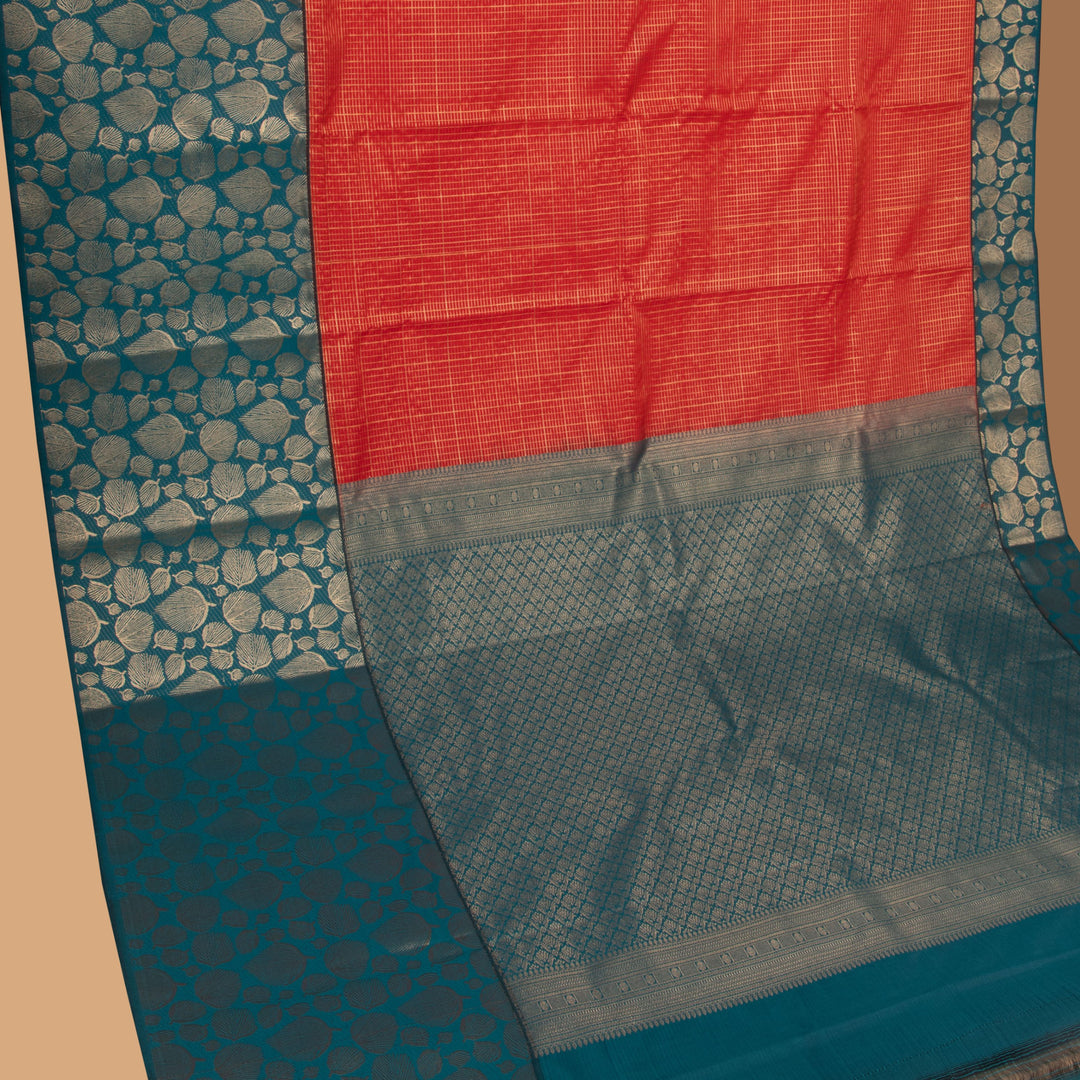 Red Orange and Teal green semi silk saree