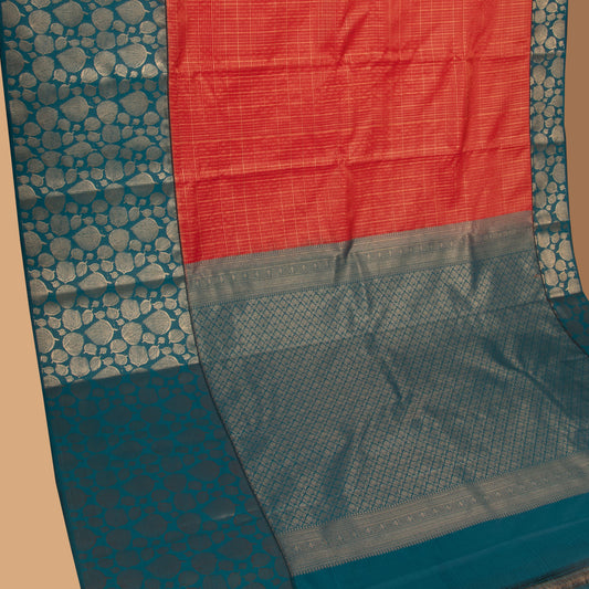 Red Orange and Teal green semi silk saree