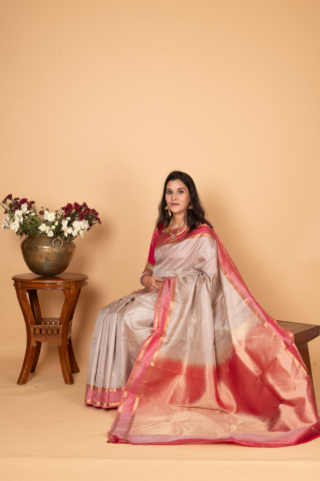 Cement Grey and Dual Tone Pink Pure Kanjivaram silk saree