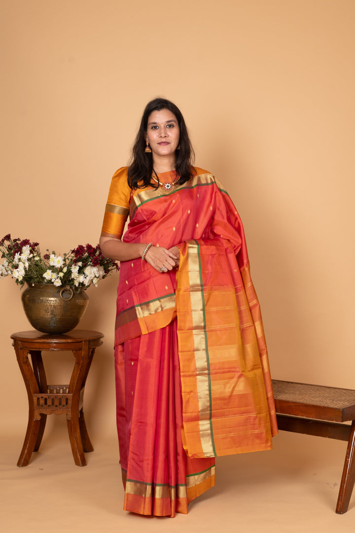 Dual Tone Orange and Dual Tone Yellow Pure Kanjivaram silk saree