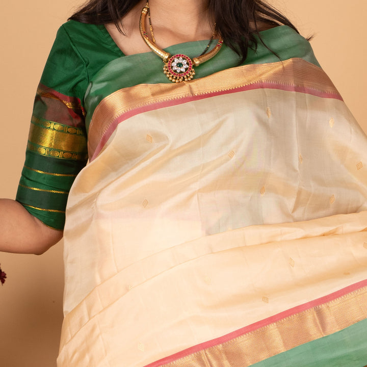 Cream white and Dual tone green Pure Kanjivaram silk saree