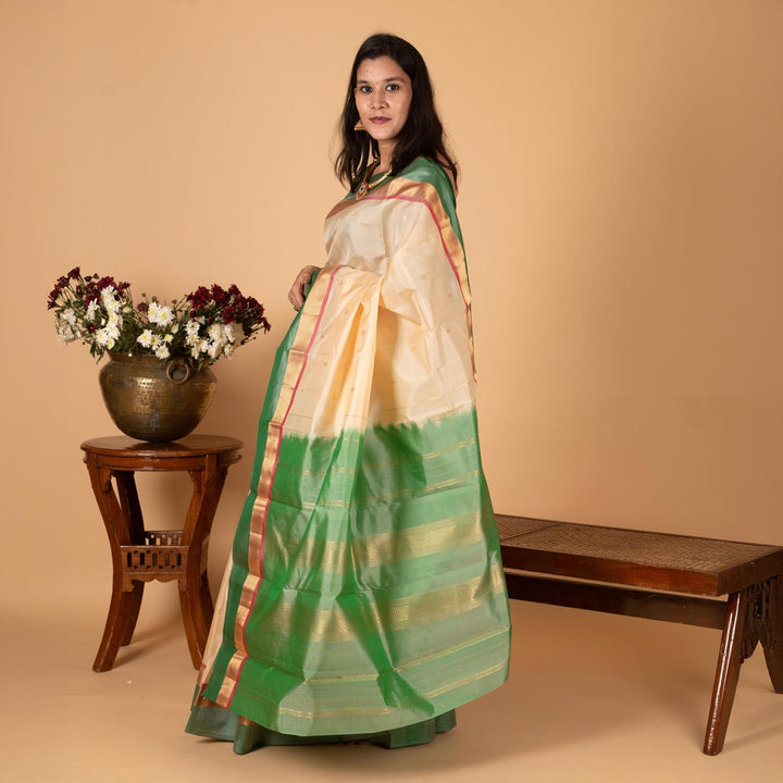 Cream white and Dual tone green Pure Kanjivaram silk saree