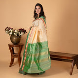 Cream white and Dual tone green Pure Kanjivaram silk saree