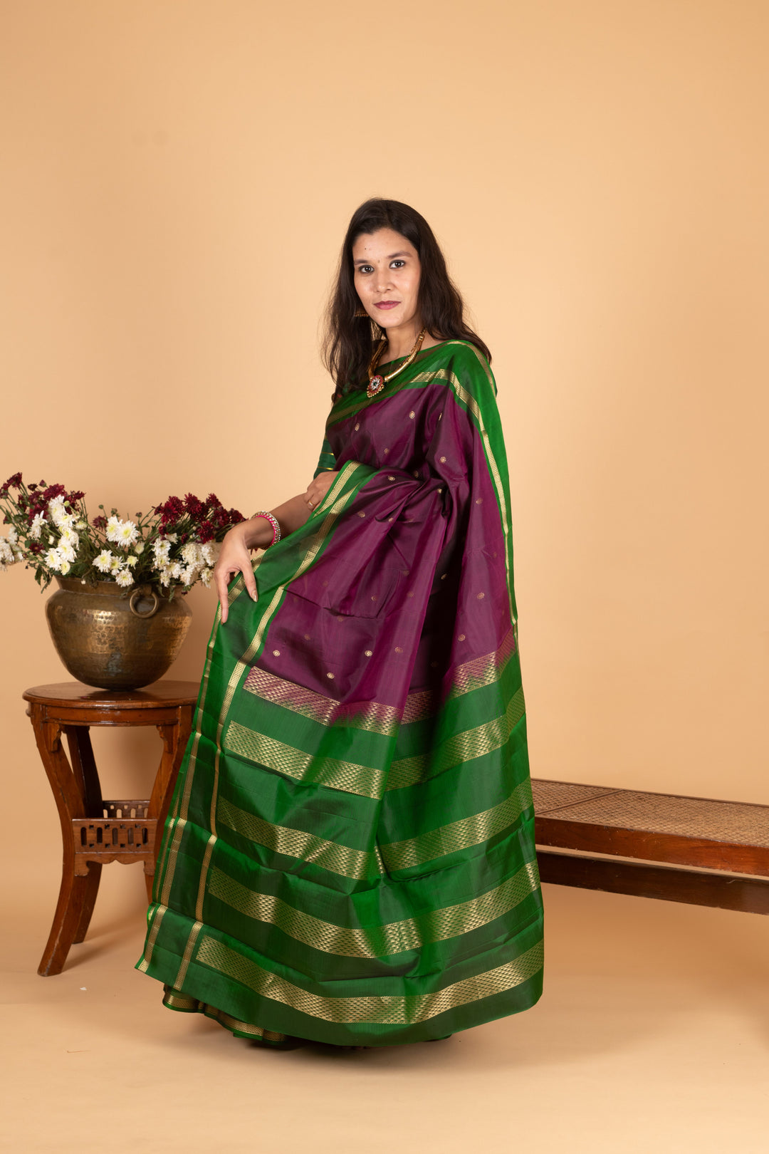 Eggplant Purple and Bottle green Pure Kanjivaram silk saree