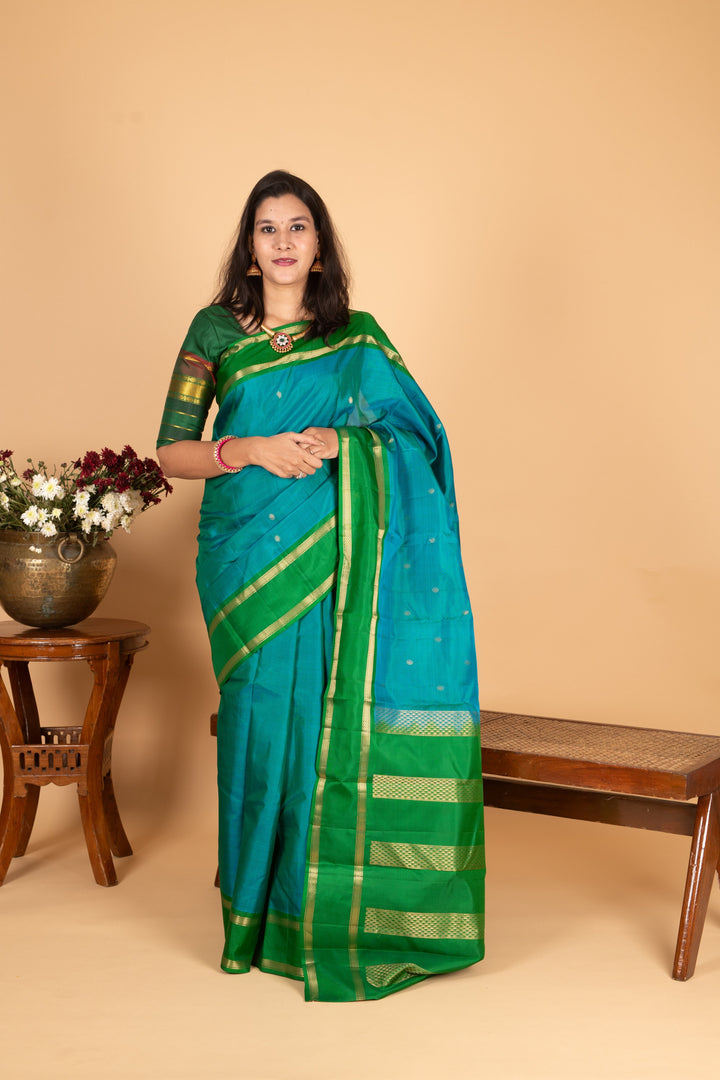 Peacock Blue and Forest green Pure Kanjivaram silk saree