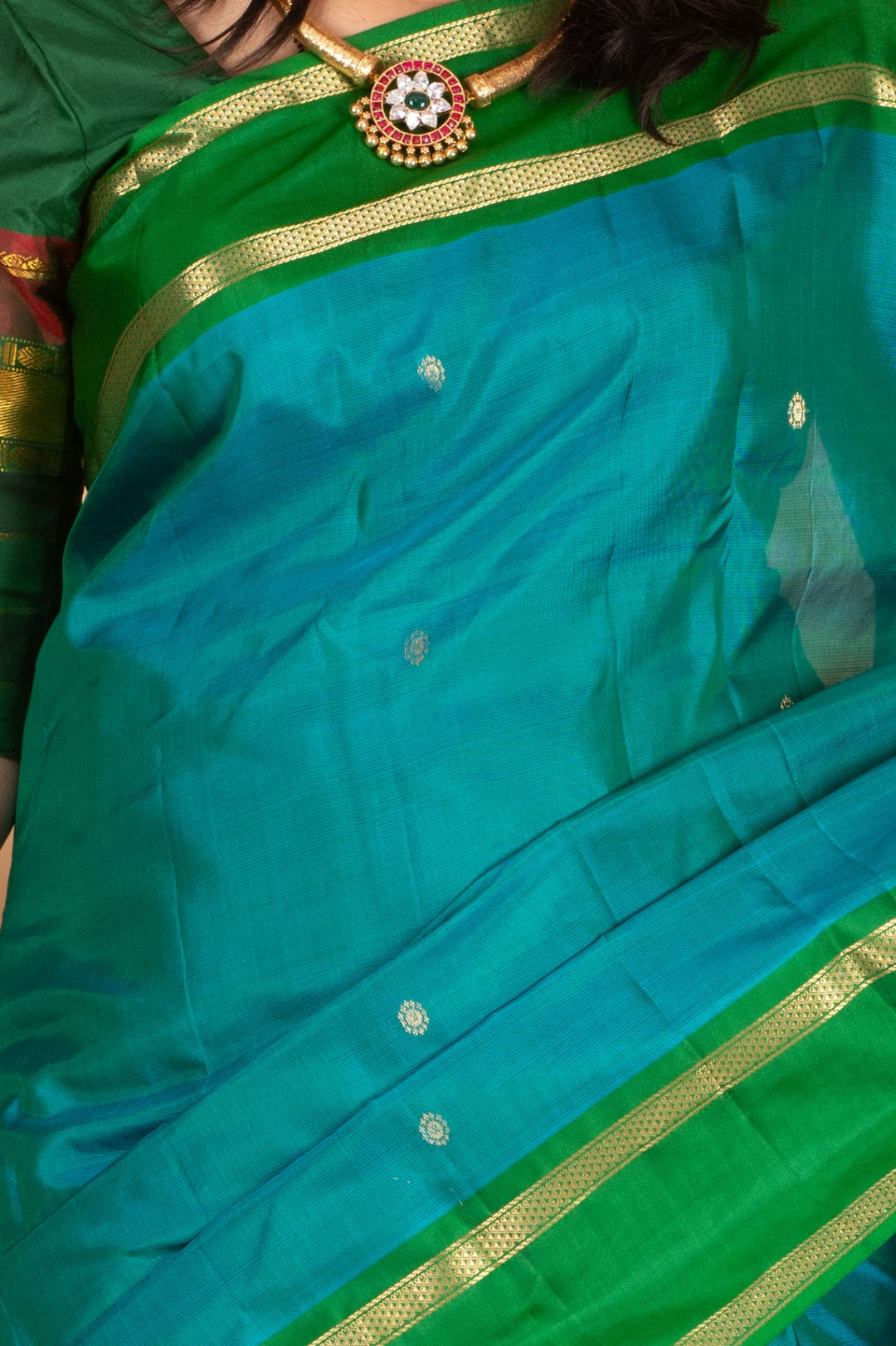 Peacock Blue and Forest green Pure Kanjivaram silk saree