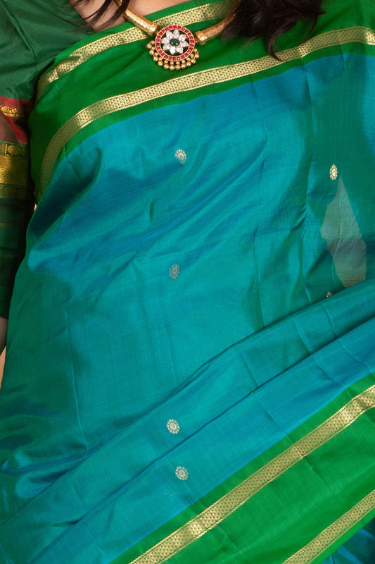 Peacock Blue and Forest green Pure Kanjivaram silk saree