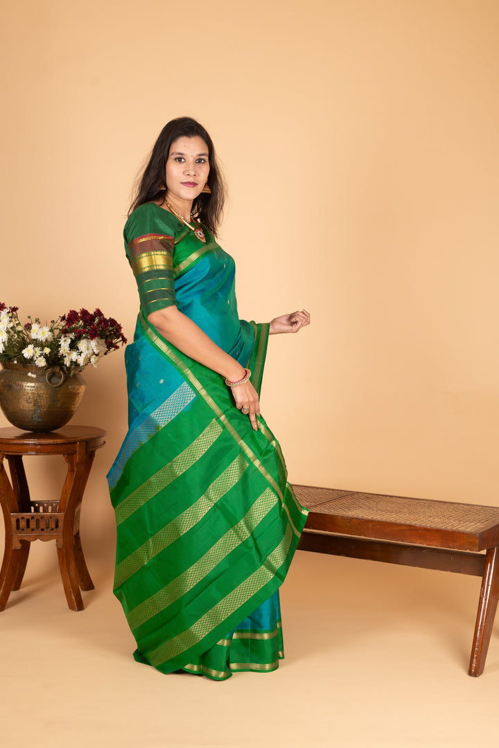 Peacock Blue and Forest green Pure Kanjivaram silk saree