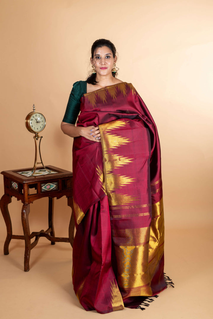 Maroon temple border kanjipuram silk saree