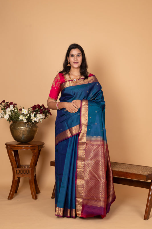 Peacock Blue and Dual tone Purple Pure Kanjivaram silk saree