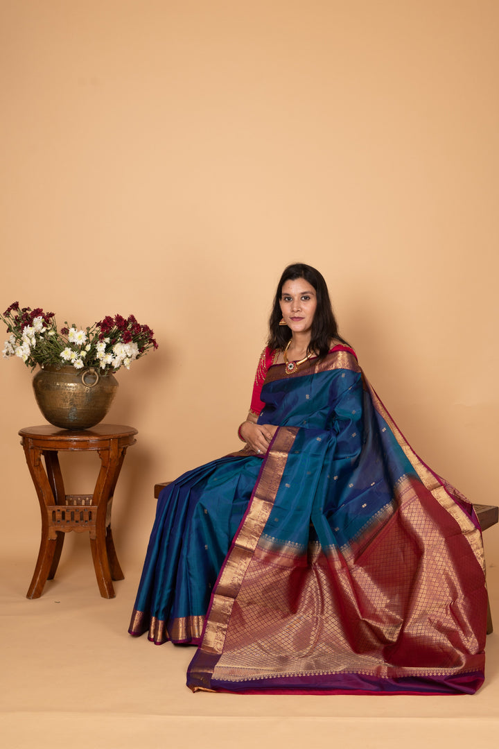 Peacock Blue and Dual tone Purple Pure Kanjivaram silk saree