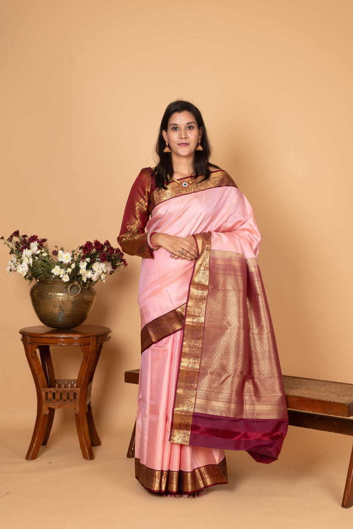 Pastel Rose and Maroon Pure Kanjivaram silk saree