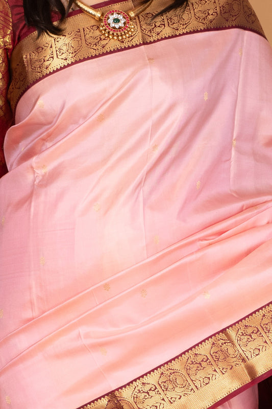 Pastel Rose and Maroon Pure Kanjivaram silk saree