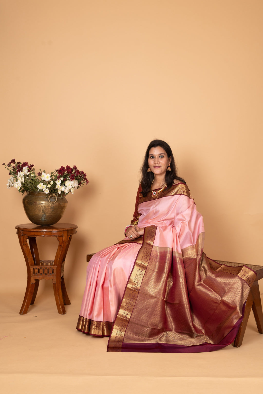 Pastel Rose and Maroon Pure Kanjivaram silk saree