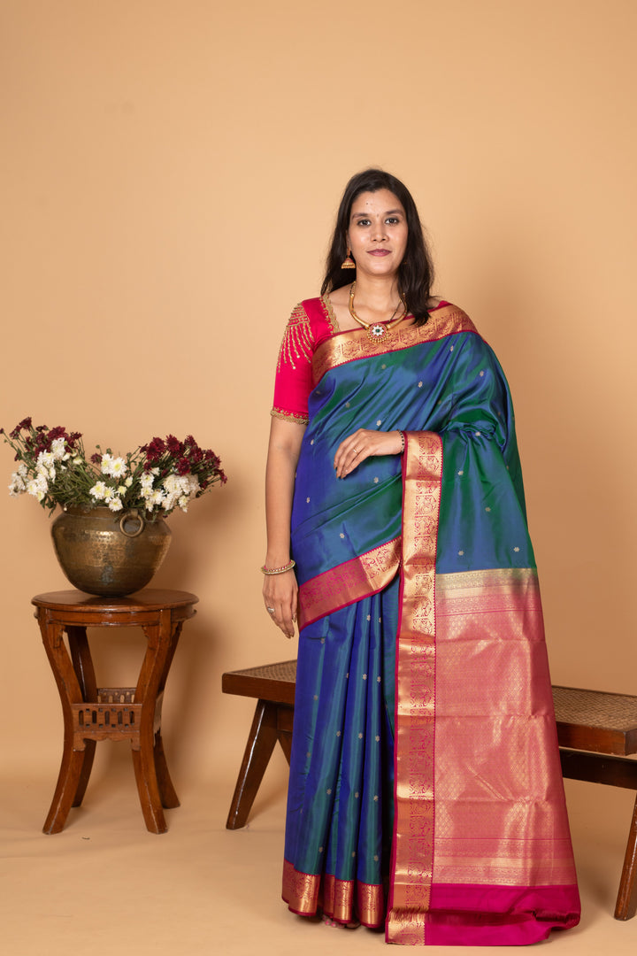Peacock Blue and Magenta Pure Kanjivaram silk saree
