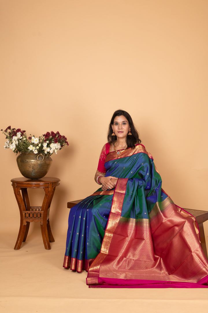 Peacock Blue and Magenta Pure Kanjivaram silk saree