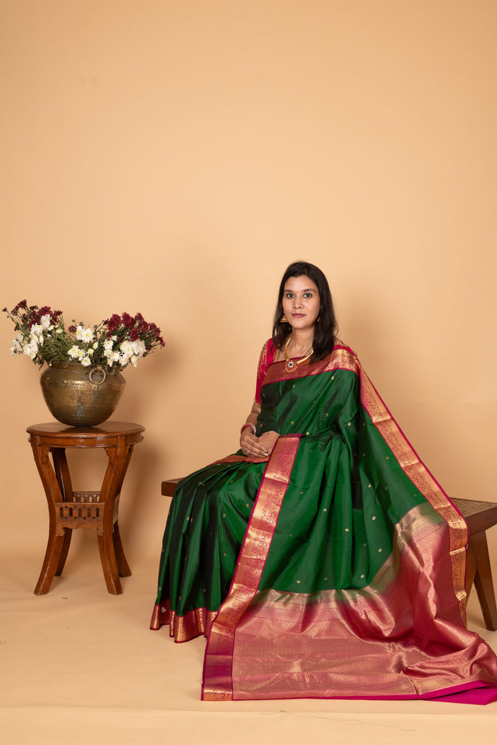 Bottle Green and Magenta Pure Kanjivaram silk saree