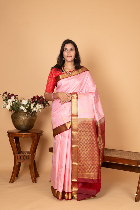 Pink and Apple red Pure Kanjivaram silk saree