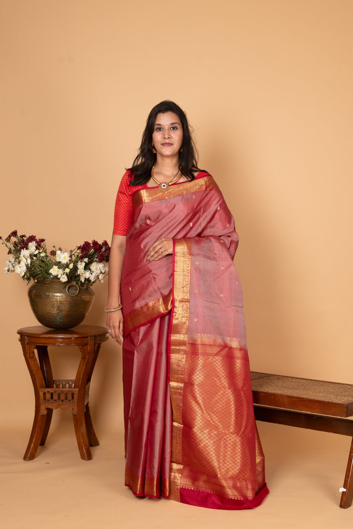 Dual Tone Red and Apple Red Pure Kanjivaram silk saree