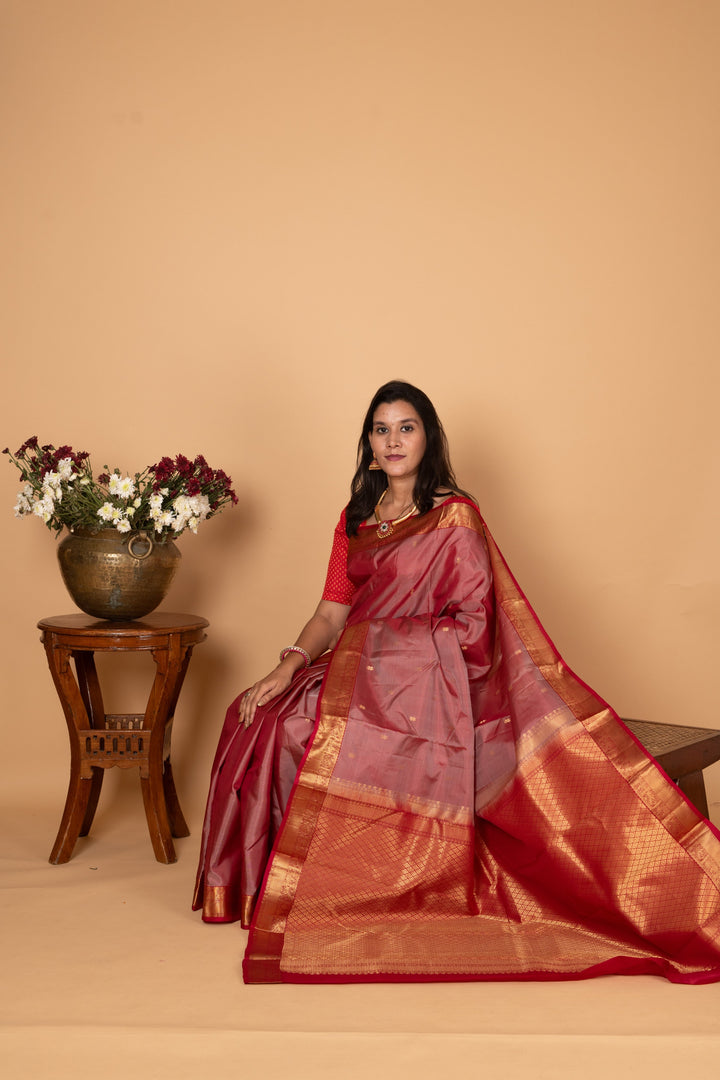 Dual Tone Red and Apple Red Pure Kanjivaram silk saree