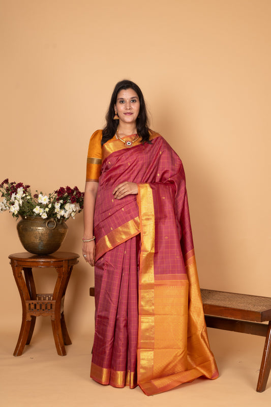 Garnet Red Checked Pure Kanjivaram silk saree