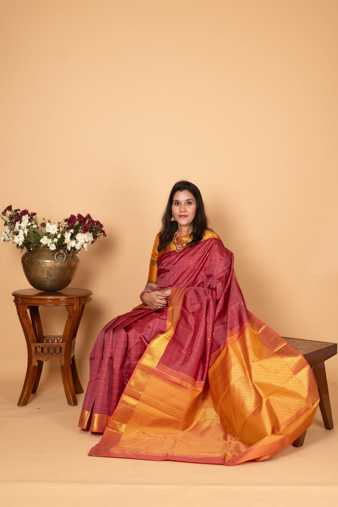 Garnet Red Checked Pure Kanjivaram silk saree