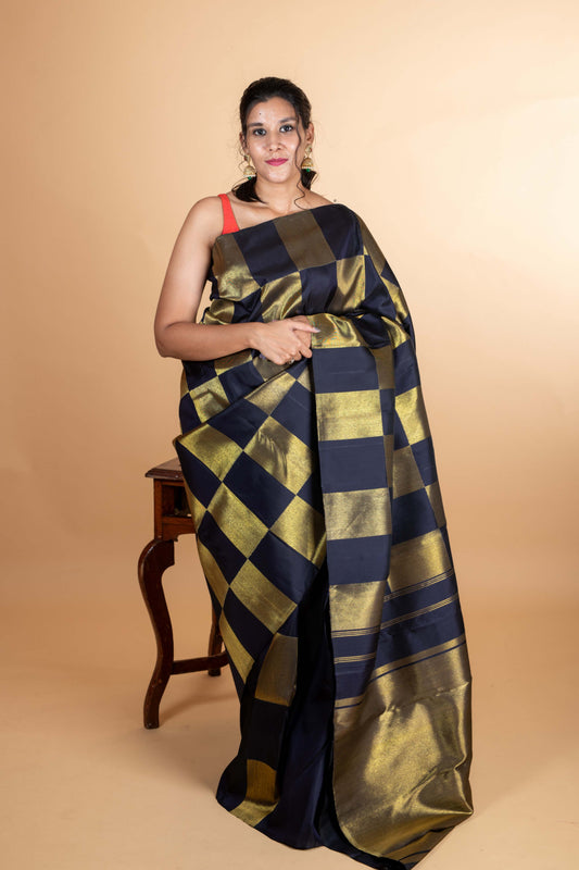 Black checks kanjivaram silk saree