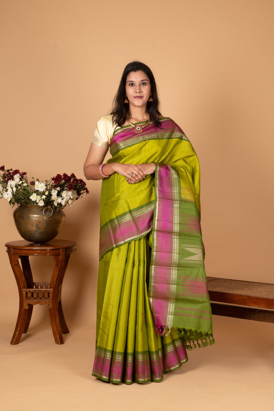 Parrot green and Pickle green Zero Zari Kanjivaram silk saree