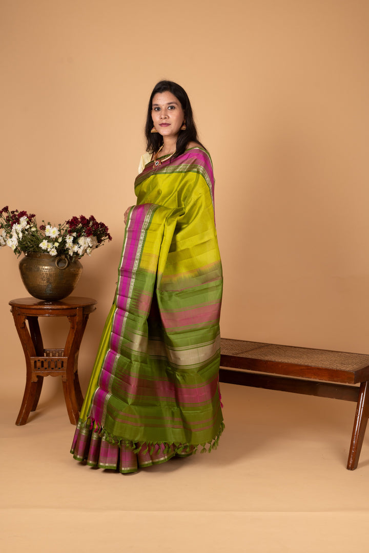 Parrot green and Pickle green Zero Zari Kanjivaram silk saree