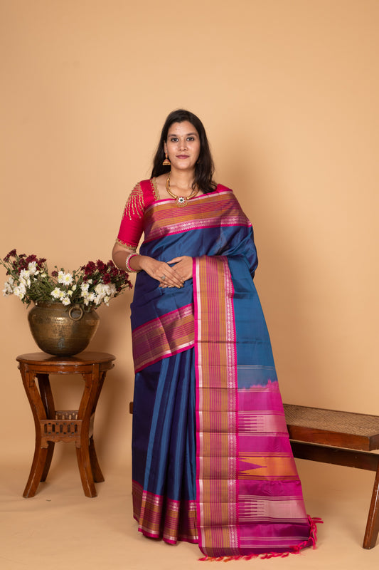 Peacock Blue and Wildberry pink Zero Zari Kanjivaram silk saree