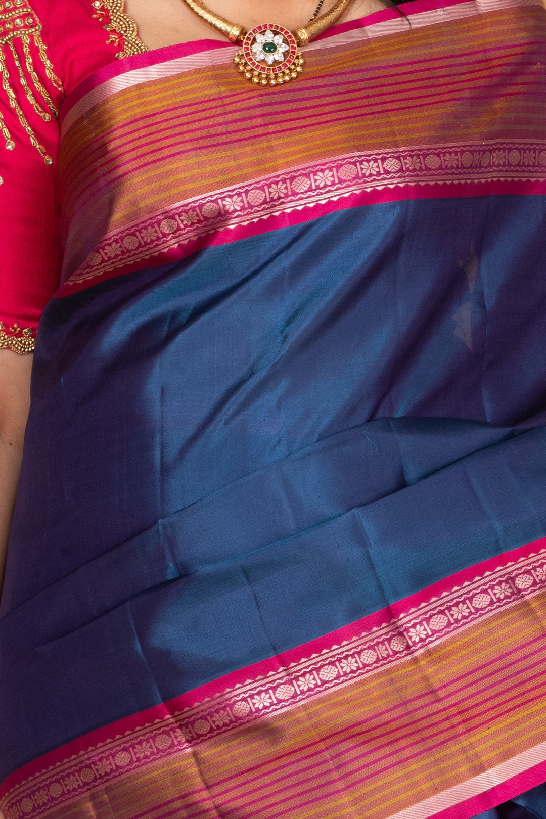 Peacock Blue and Wildberry pink Zero Zari Kanjivaram silk saree
