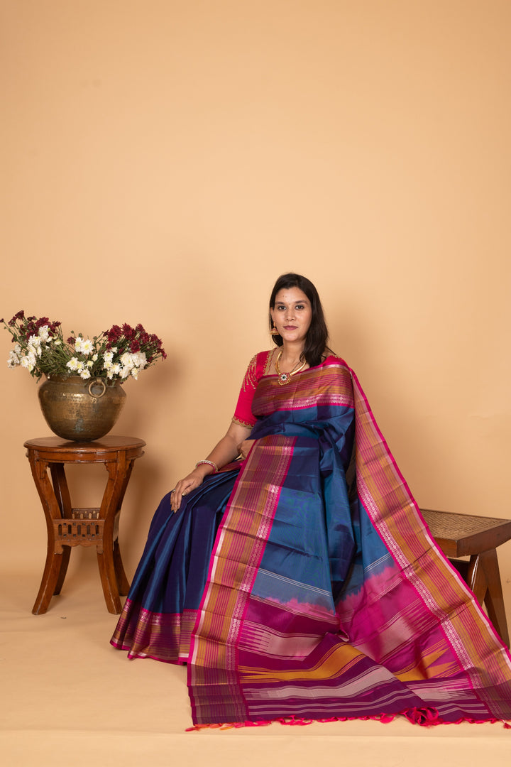 Peacock Blue and Wildberry pink Zero Zari Kanjivaram silk saree