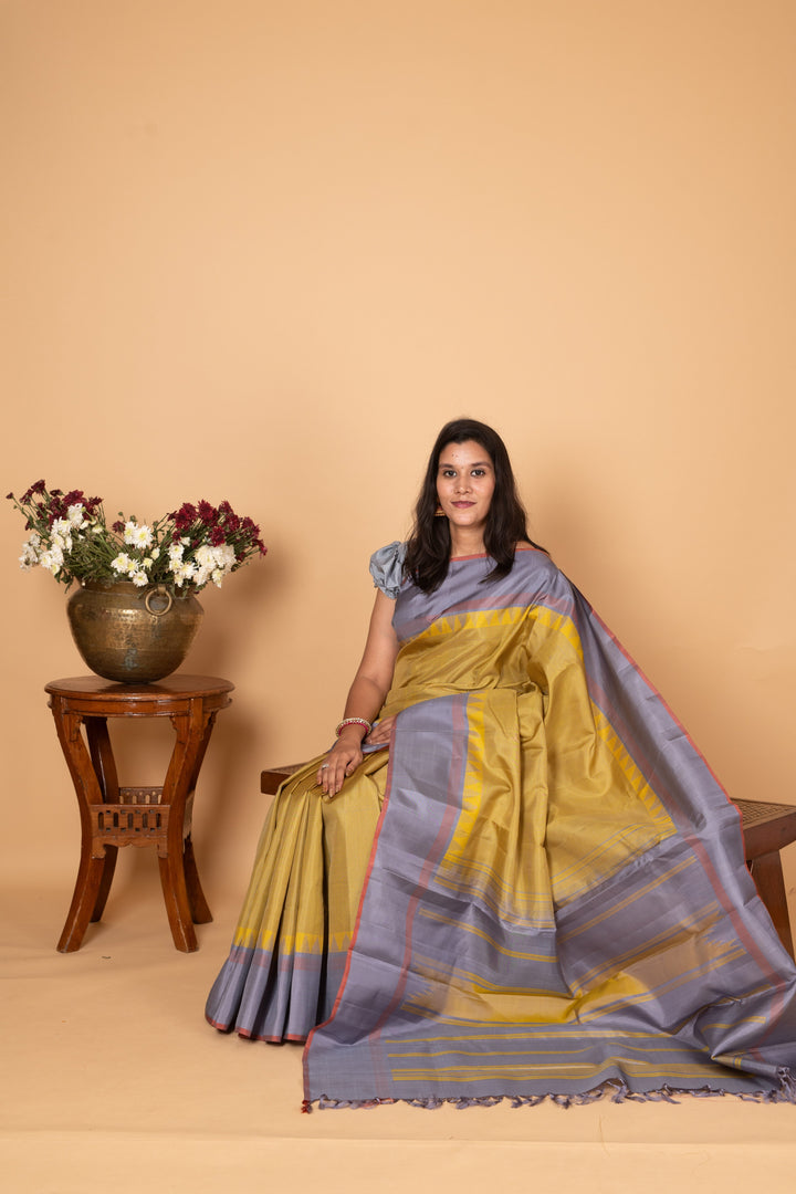 Yellow and Steel Grey Zero Zari Kanjivaram silk saree