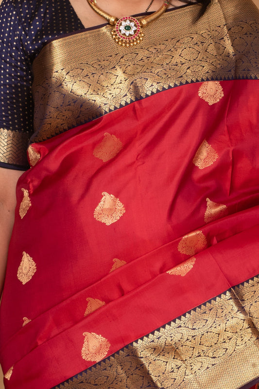 Apple Red and Midnight blue Pure kanjivaram silk saree