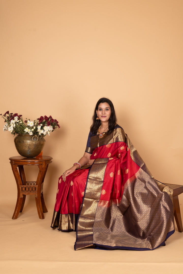 Apple Red and Midnight blue Pure kanjivaram silk saree