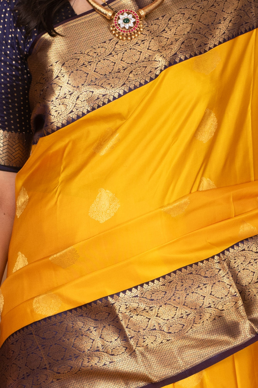 Royal yellow and Midnight blue Pure kanjivaram silk saree
