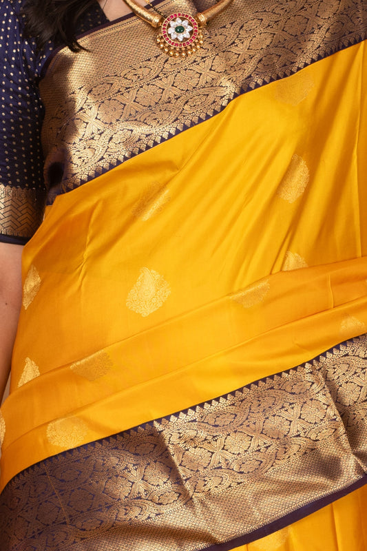 Royal yellow and Midnight blue Pure kanjivaram silk saree