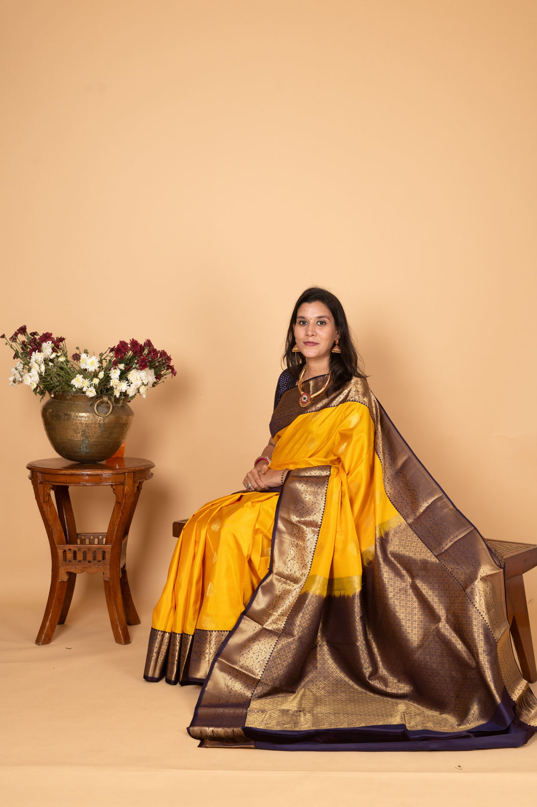 Royal yellow and Midnight blue Pure kanjivaram silk saree