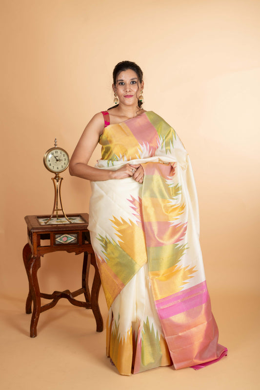 offwhite multicolor temple kachipuram silk saree