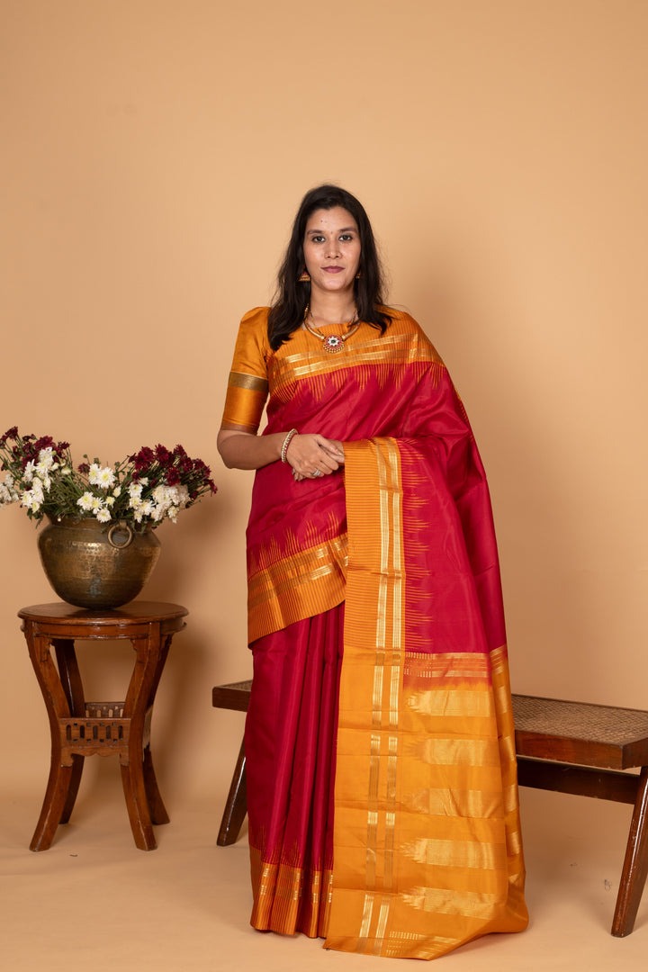 Apple red and Gamboge yellow Pure Kanchi silk saree)